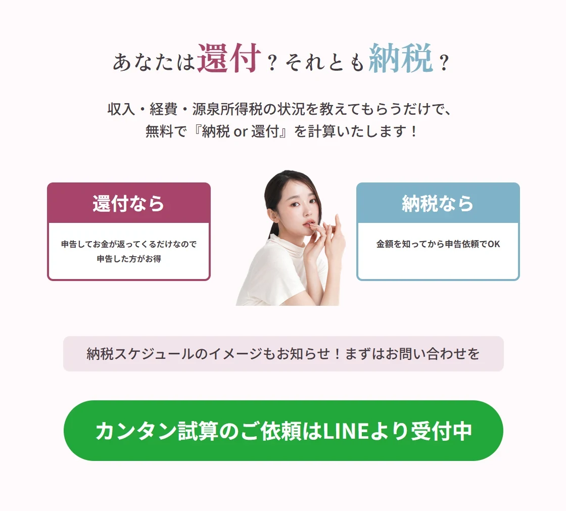 あなたは還付？それとも納税？収入・経費・源泉所得税の状況を教えてもらうだけで、無料で『納税 or 還付』を計算いたします！還付なら：申告してお金が返ってくるだけなので申告した方がお得。納税なら：金額を知ってから申告依頼でOK。納税スケジュールのイメージもお知らせ！まずはお問い合わせを。カンタン試算のご依頼はLINEより受付中