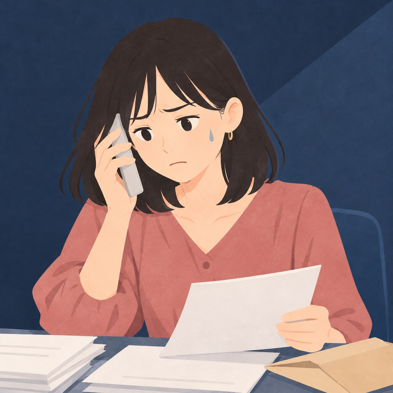 税務署からの電話連絡を受け、書類を見ながら不安な表情になる成人女性